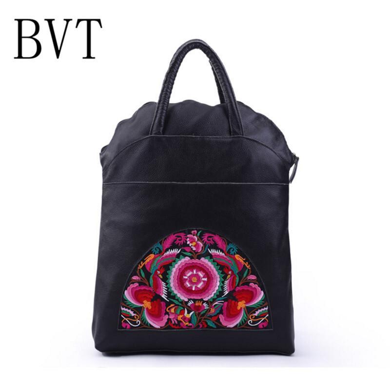 BVT民族风绣花女包真皮女式包包软牛皮手提包斜挎刺绣包水桶包黑色_2 默认颜色