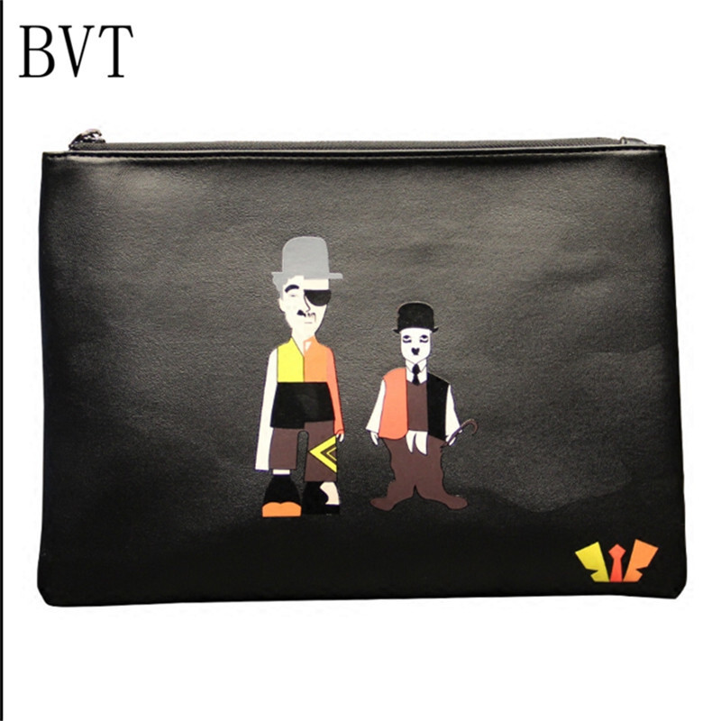 BVT男士多功能手拿包时尚个性信封包卡通人物印花手拿包休闲软皮手抓包黑色 默认颜色