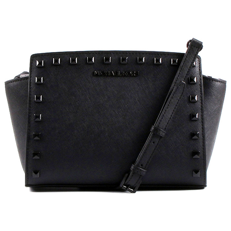 Michael Kors 迈克·科尔斯 女士十字纹软牛皮铆钉笑脸包单肩斜挎拉链饺子包 小号 30T3GSMM2L 黑色黑钉