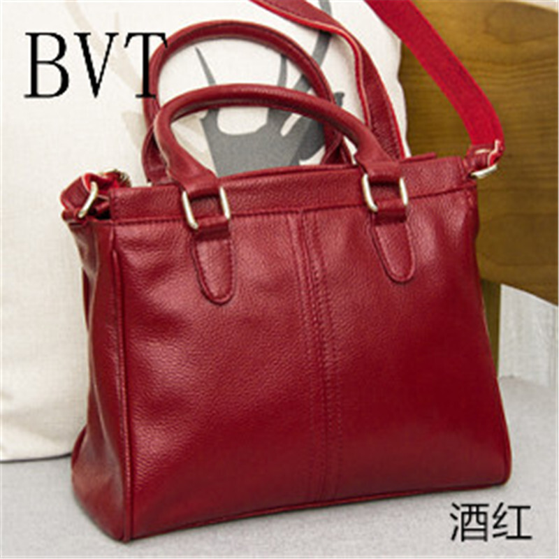 BVT真皮女包简约软牛皮手提包欧美时尚女士斜挎单肩包大容量中老年妈妈包包 酒红