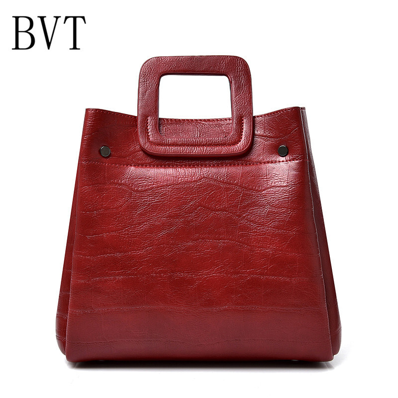 BVT复古油蜡手提包女简约手提托特大包时尚百搭通勤女士单肩包斜挎包 深蓝色