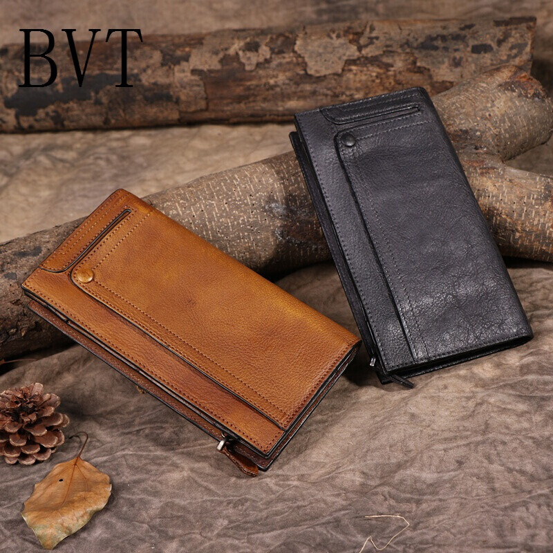 BVT男士欧美时尚牛皮竖款2折真皮多功能拉链长款钱包 深灰色