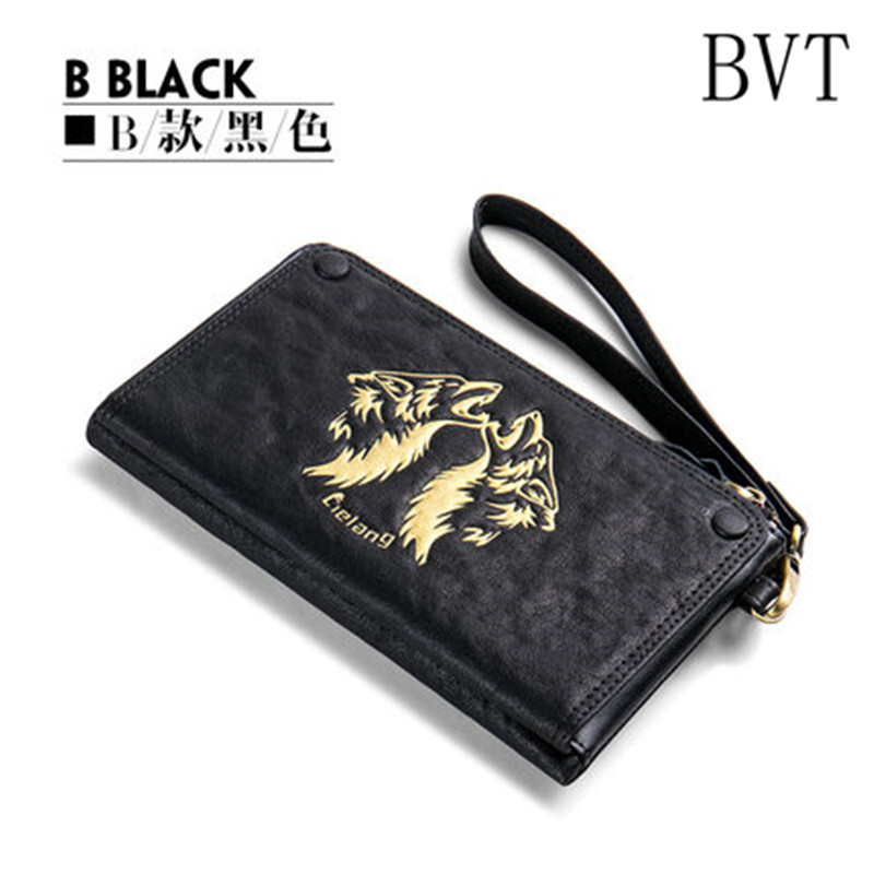 BVT英伦青年长款拉链钱包软牛皮男士商务休闲手包大容量手机包 黑色狼头