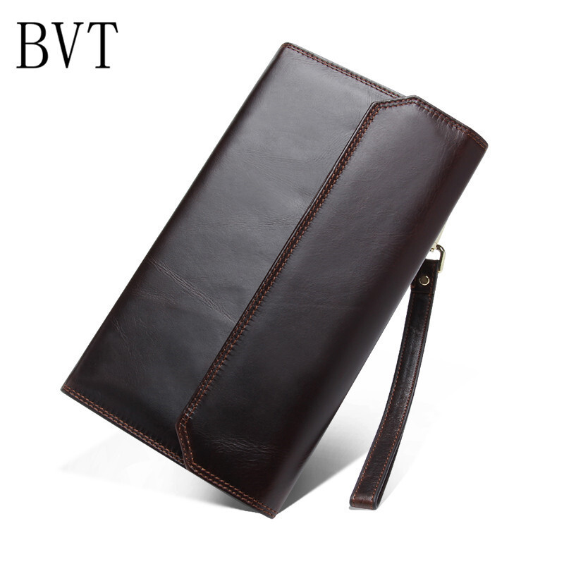 BVT钱包男长款拉链手包牛皮商务休闲时尚男士手拿包薄款搭扣手机包卡包 咖色