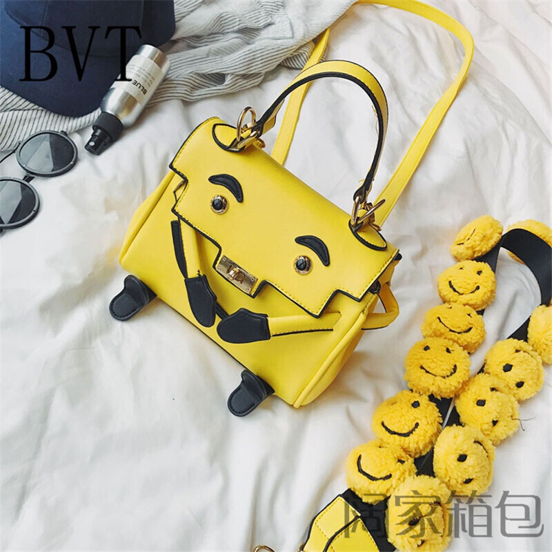 BVT真皮笑脸包单肩斜挎手提包女迷你包恶搞可爱凯莉包熊猫小包黄色 默认颜色