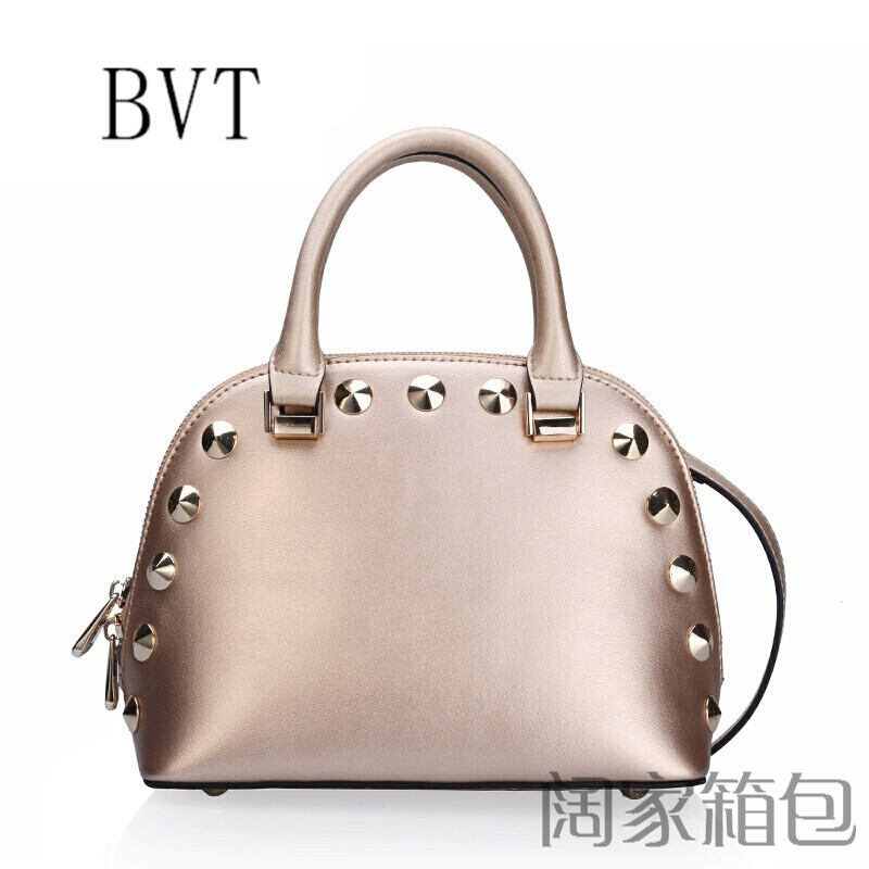 BVT新款拉链贝壳包手提包牛皮包包潮流女包小包百搭铆钉挎手包 金色