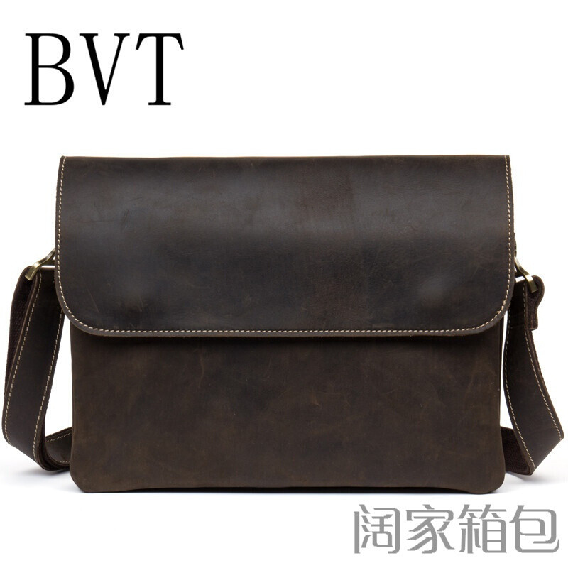 BVT欧洲站疯马皮男包邮差包手工牛皮个性单肩斜挎包真皮复古男文件包深棕色 默认颜色