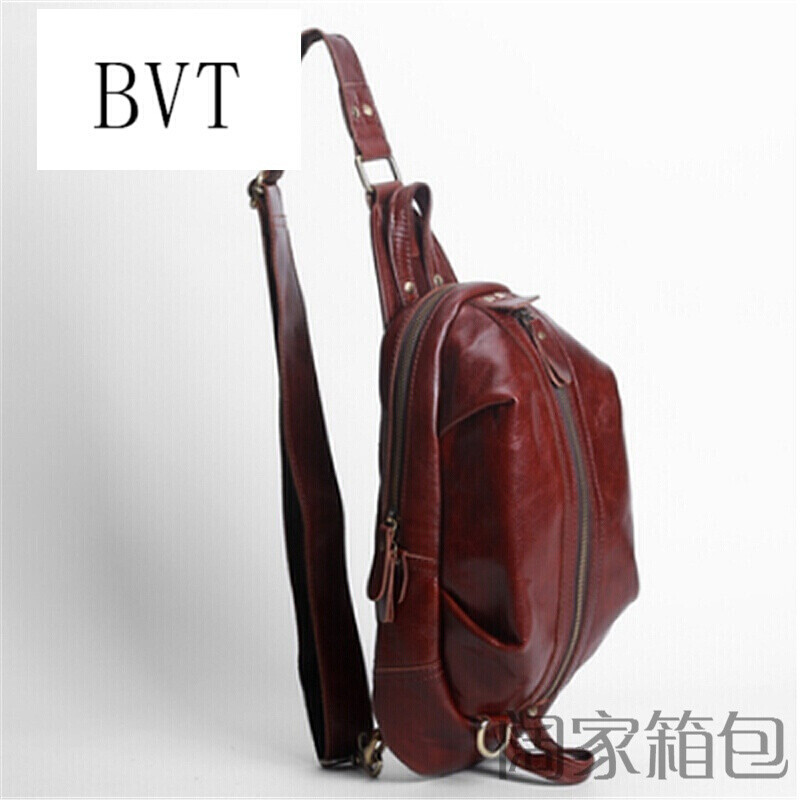 BVT男士复古单肩斜挎包男包牛皮胸包疯马皮单反相机相机背包_1 红棕色头层牛皮