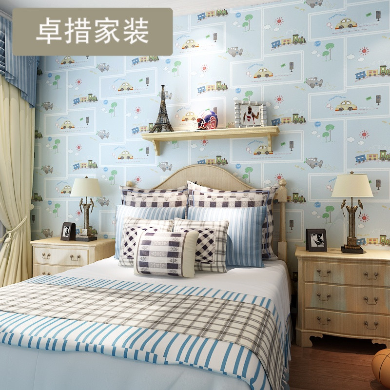 儿童房多丽壁纸无纺可爱卡通汽车男生女孩卧室订制设计墙纸U018_9 1号蓝色