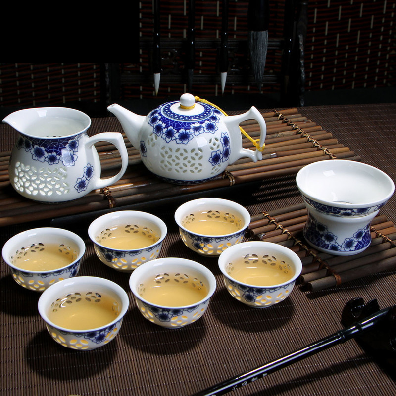 玲珑青花瓷茶具套装礼盒家用景德镇陶瓷功夫茶杯镂空盖碗整套生活日用家庭清洁生活日用家居器皿水_6 冰梅【10头】