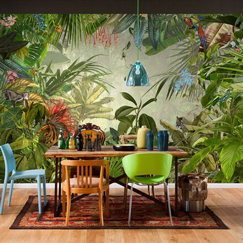 东南亚风格手绘热带雨林芭蕉叶壁纸餐厅客厅电视背景墙纸墙画_3 德国进口无纺布（拼接）