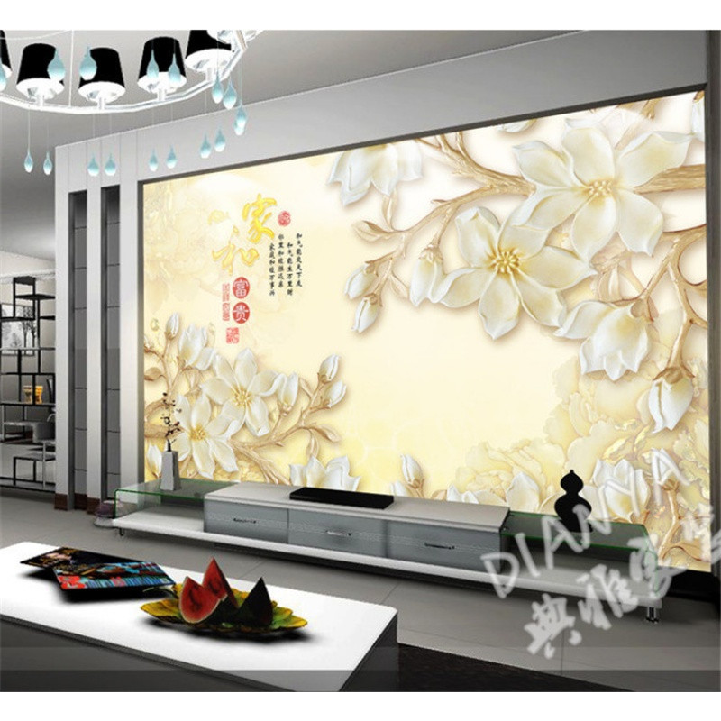 3D中式古典优雅浮雕花卉墙纸卧室沙电视背景墙走廊玄关壁画壁纸_2 高档无缝珍珠（整幅）/平方