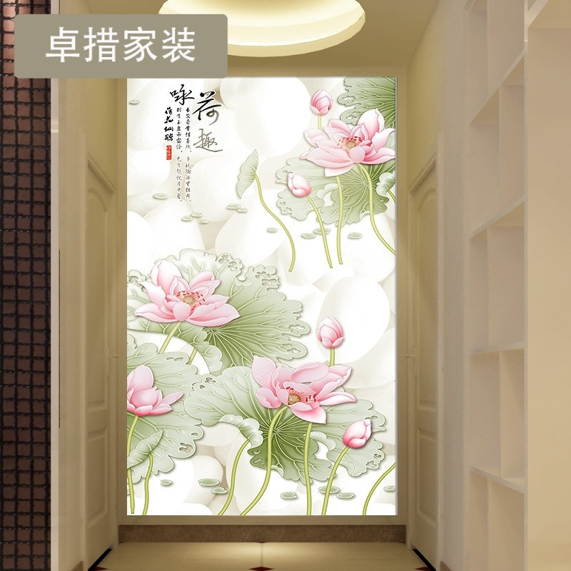 定制定制玄关墙纸现代中式荷花壁纸走廊过道客厅背景墙壁画高 无缝油画布一平米