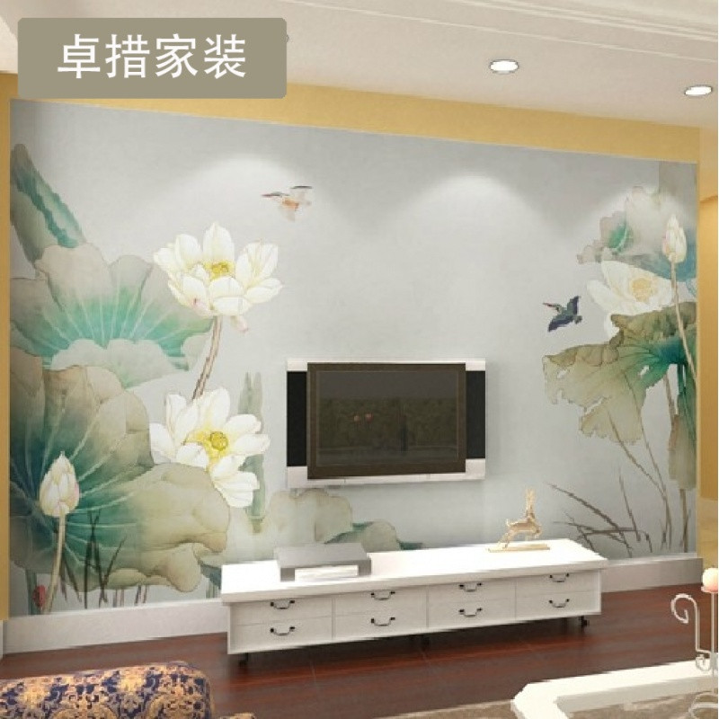 定制电视背景墙纸壁纸客厅现代中式荷花壁纸大型壁画墙布影视墙 无缝宣绒布一平米