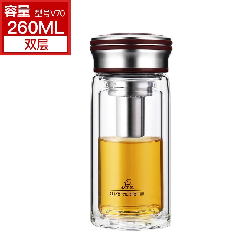 万象双层玻璃杯女士带过滤网泡茶杯商务透明玻璃杯办公水杯V70 V70-红色-260ml