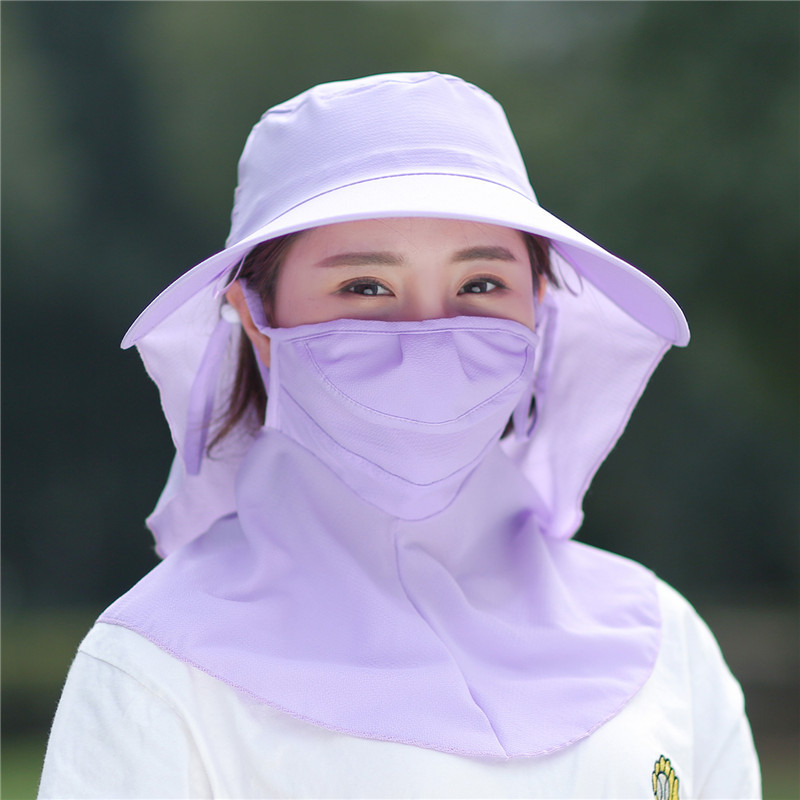 口罩遮脸夏季女士骑电动车透气防晒紫外线太阳帽护脖颈披肩遮阳帽 紫色