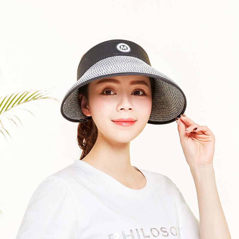 夏天遮阳帽女防晒遮脸旅游出游韩版百搭时尚大沿可折叠空顶凉帽子 蓝色