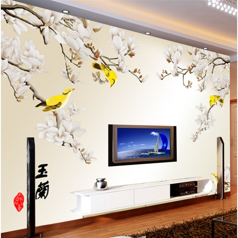 3D立体现代电视背景墙纸壁纸壁画客厅卧室床头大型墙画防水玉兰花 无缝油画布（整张）