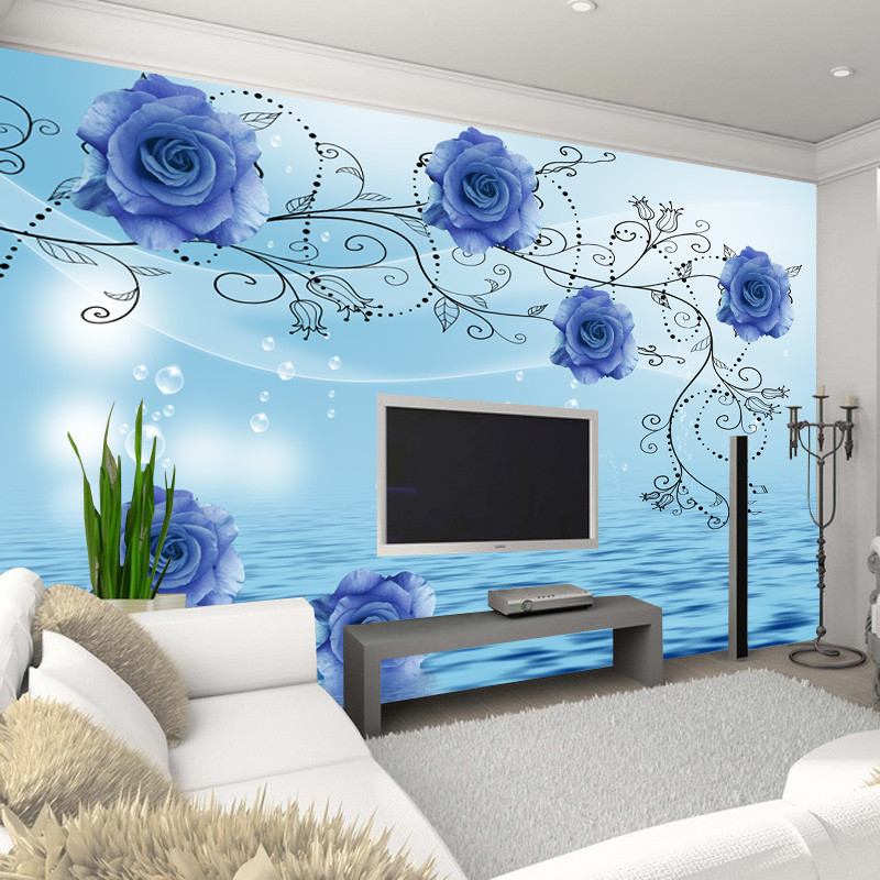 2017无缝大型壁画蓝色玫瑰花壁纸墙纸卧室沙客厅电视墙背景墙纸 无缝无纺布（整张/平方）