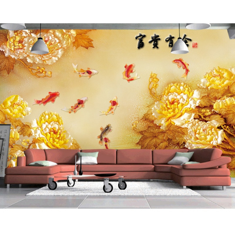 无缝3D大型壁画电视墙背景墙纸沙客厅年年有鱼墙纸壁纸牡丹九鱼 无缝闪银布（整张/平方）