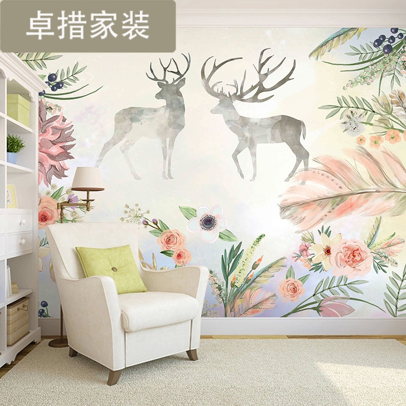 欧式手绘复古麋鹿背景墙壁画3D简约客厅沙墙布卧室无缝墙纸壁画 5D浮雕真丝布（一整张）
