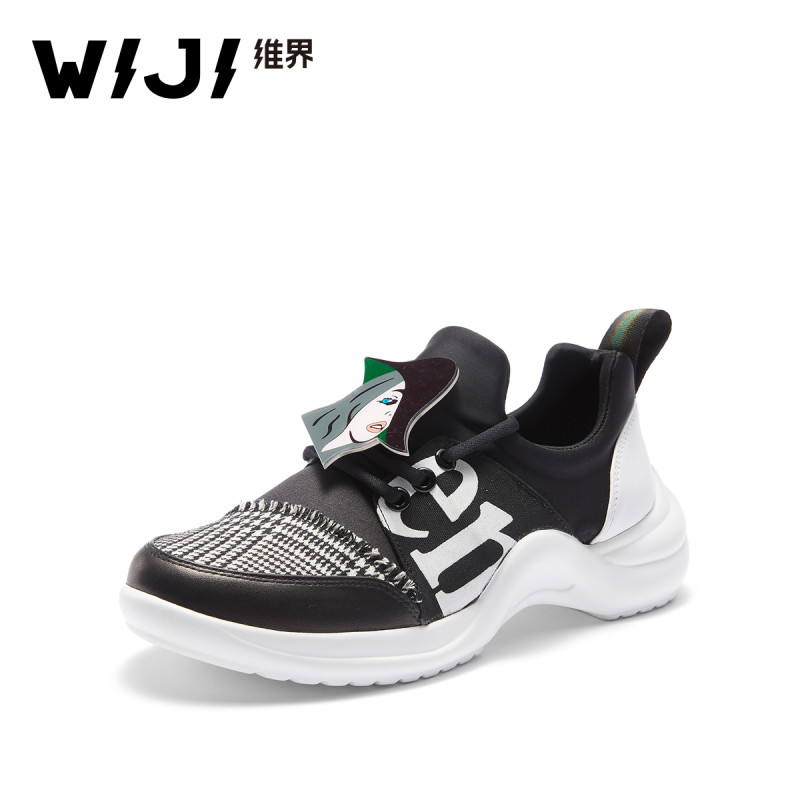WIJI2018新款时尚运动拼接休闲鞋韩版增高厚底舒适透气系带女单鞋 黑色 37