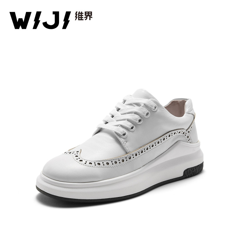 WIJI2018欧美春新款真皮中性厚底系带时尚运动休闲布洛克雕花女鞋 白色 40