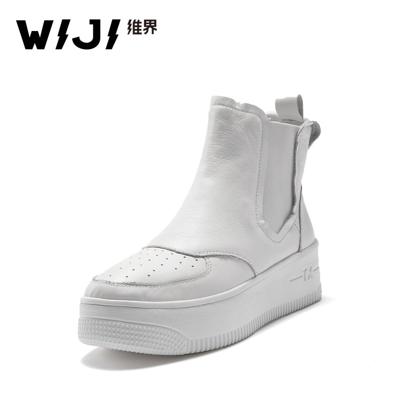 WIJI切尔西靴女英伦新款真皮潮流高帮板鞋个性厚底复古时尚短靴子 白色 39