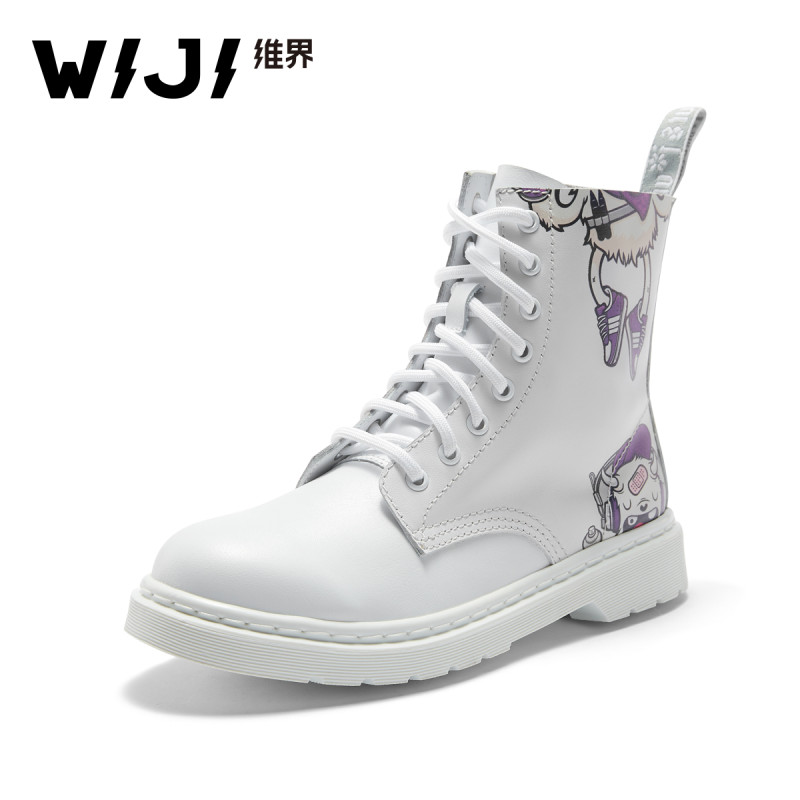 WIJI女靴子新款真皮休闲时尚个性韩版中性马丁靴潮流简约短靴子女 白色 40