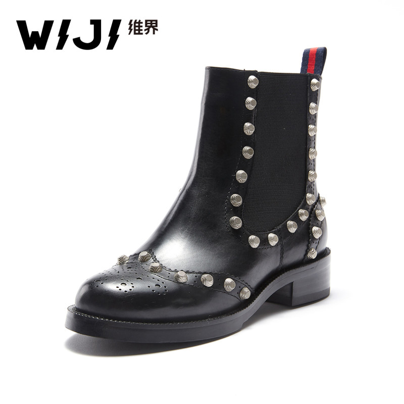 WIJI女靴子新款胎牛皮粗跟厚底时尚休闲单鞋百搭潮流个性切尔西靴 黑色 37