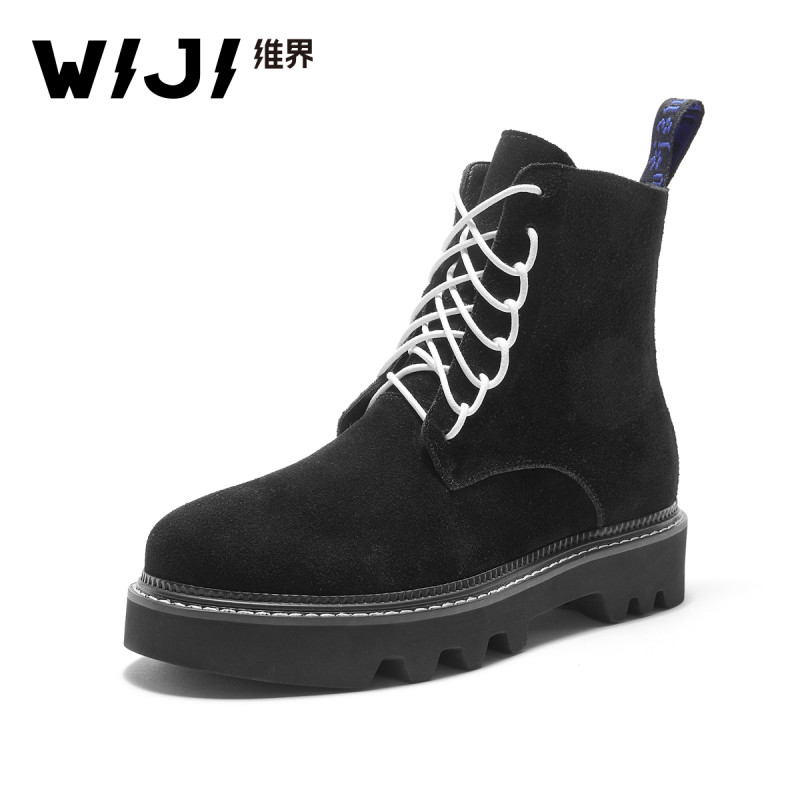 WIJI女靴子韩版牛反绒新款时尚个性马丁靴潮流百搭简约粗跟休闲鞋 黑色（现货发售） 40