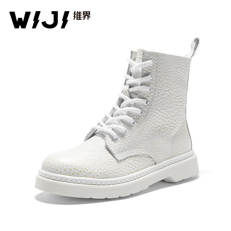 WIJI女鞋新款韩版简约粗跟系带时尚百搭马丁靴潮流个性中性休闲鞋 白色 39