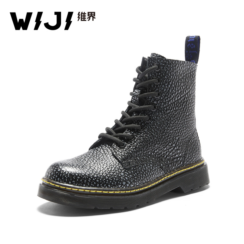WIJI女鞋新款韩版简约粗跟系带时尚百搭马丁靴潮流个性中性休闲鞋 黑色 34