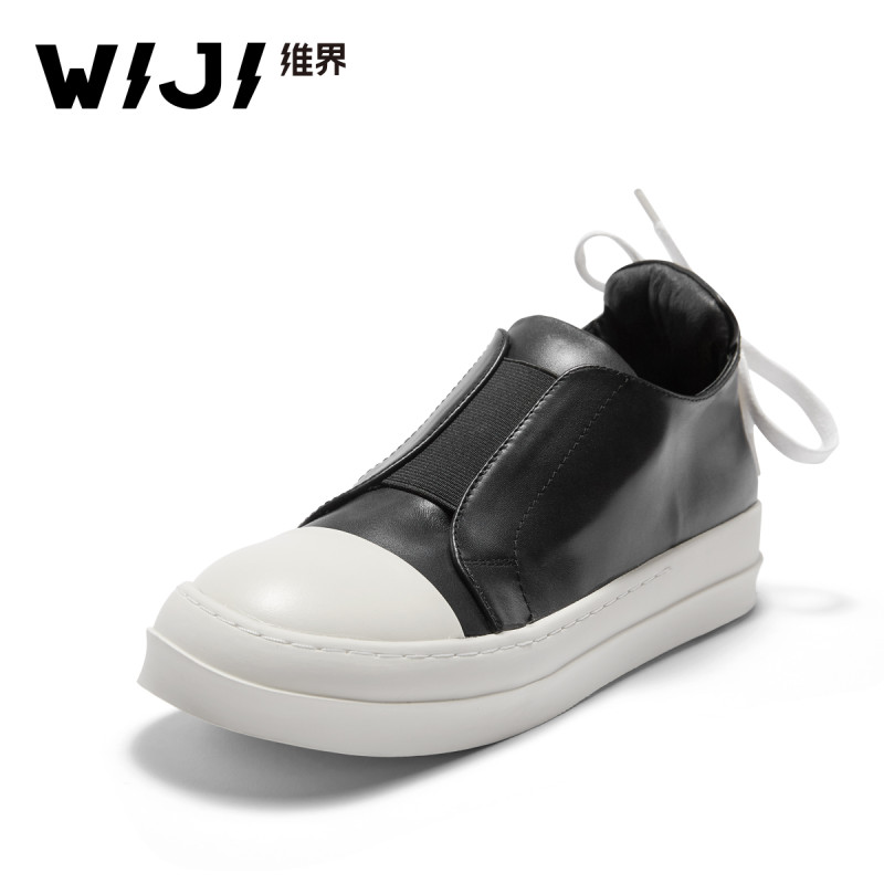 WIJI板鞋秋季韩版新款厚底真皮时尚女鞋户外百搭个性休闲乐福鞋潮 黑色 37