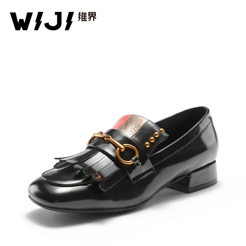 WIJI维界2018新款真皮韩版时尚女鞋粗跟潮流胎牛皮日常百搭单鞋潮_YIS23 黑色 37
