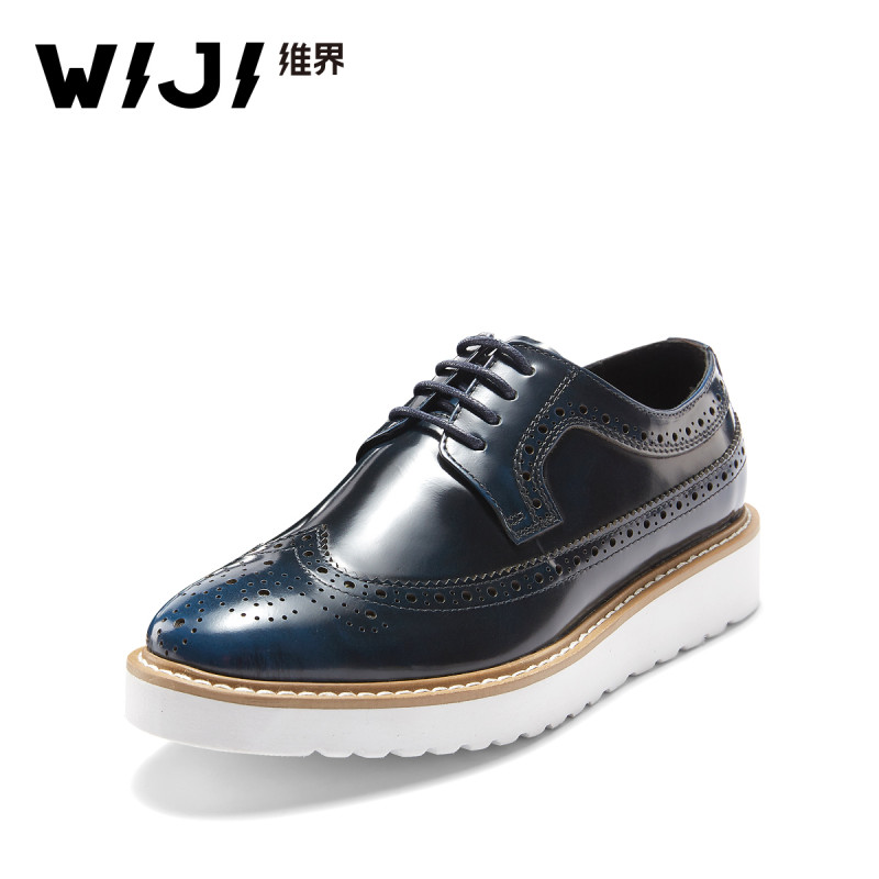 WIJI英伦风系带坡跟牛皮鞋漆皮休闲单鞋牛津鞋雕花布洛克商务女鞋 蓝色 38