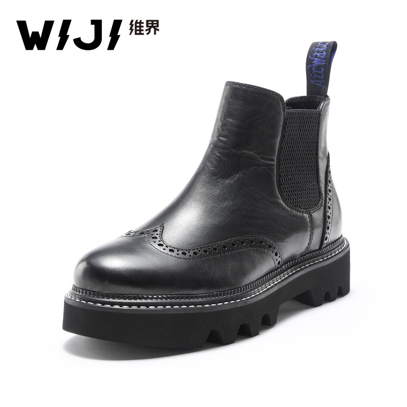 WIJI靴子女新款韩版粗跟真皮套筒切尔西靴厚底百搭潮流时尚休闲鞋 黑色 37