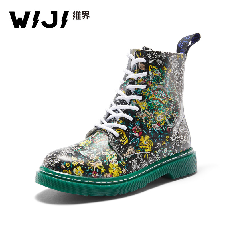 WIJI靴子女英伦风真皮新款粗跟时尚休闲鞋潮流百搭系带个性马丁靴 黄色（现货） 39