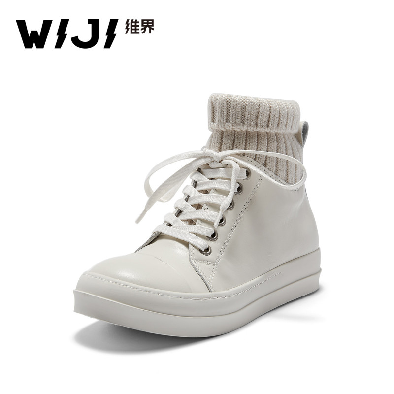 WIJI高帮鞋韩版新款时尚女士休闲鞋潮毛线筒平底百搭个性高帮板鞋 白色 35
