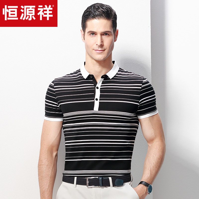 恒源祥中老年T恤男短袖夏季新品纯棉体恤爸爸装条纹翻领polo衫_3 175/92A 黑色