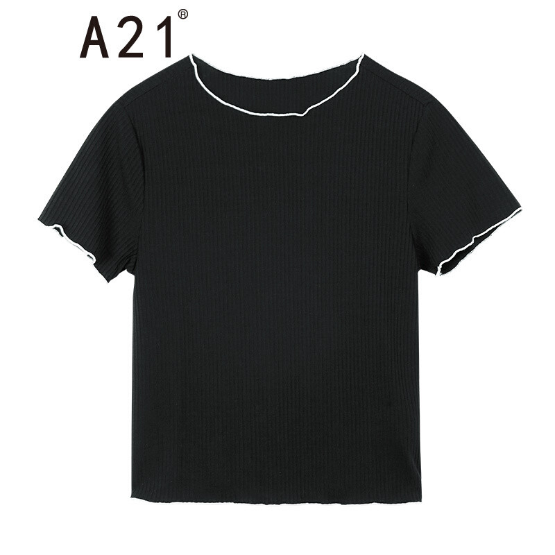 A21以纯线上品牌2018夏装新品针织短袖T恤女荷叶边修身上衣女4822330008 165/88A/L 黑色