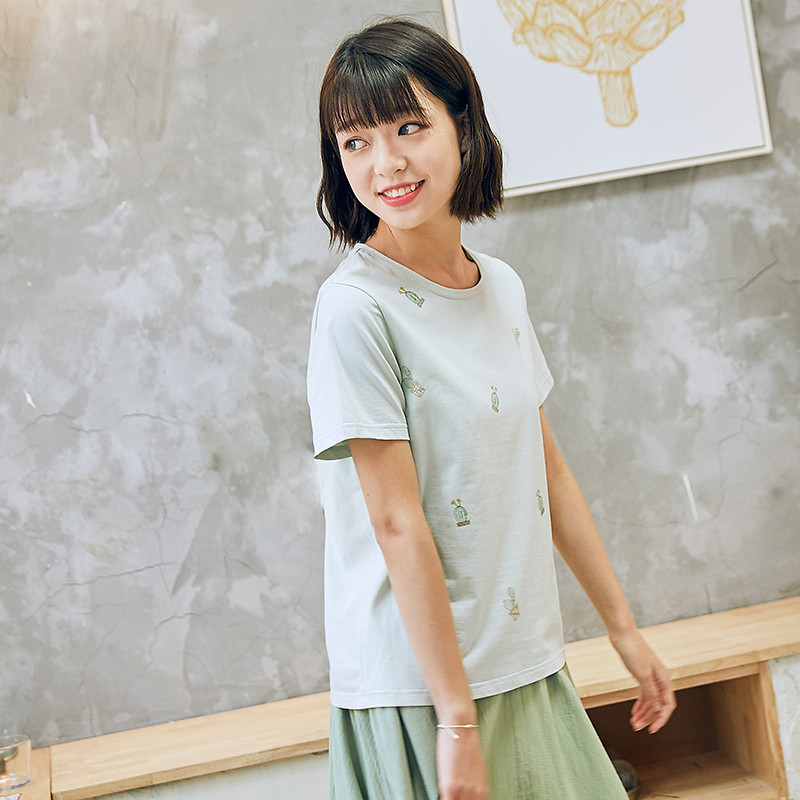 素缕2018夏装新款文艺T恤 印花t女上衣圆领宽松套头衫QS8228鹍_rmC15 S 淡绿色