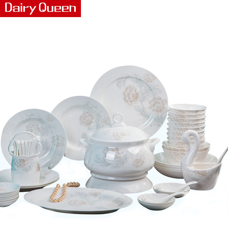 DAIRYQUEEN景德镇清雅名媛60头宫廷煲简约欧式家用陶瓷餐具碗碟套装套装餐具碗碟盘勺子家用套装