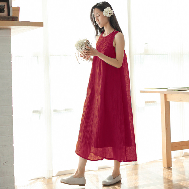 素缕2018夏季新款棉麻连衣裙女中长款宽松显瘦长裙DS6228鹍 L 红色