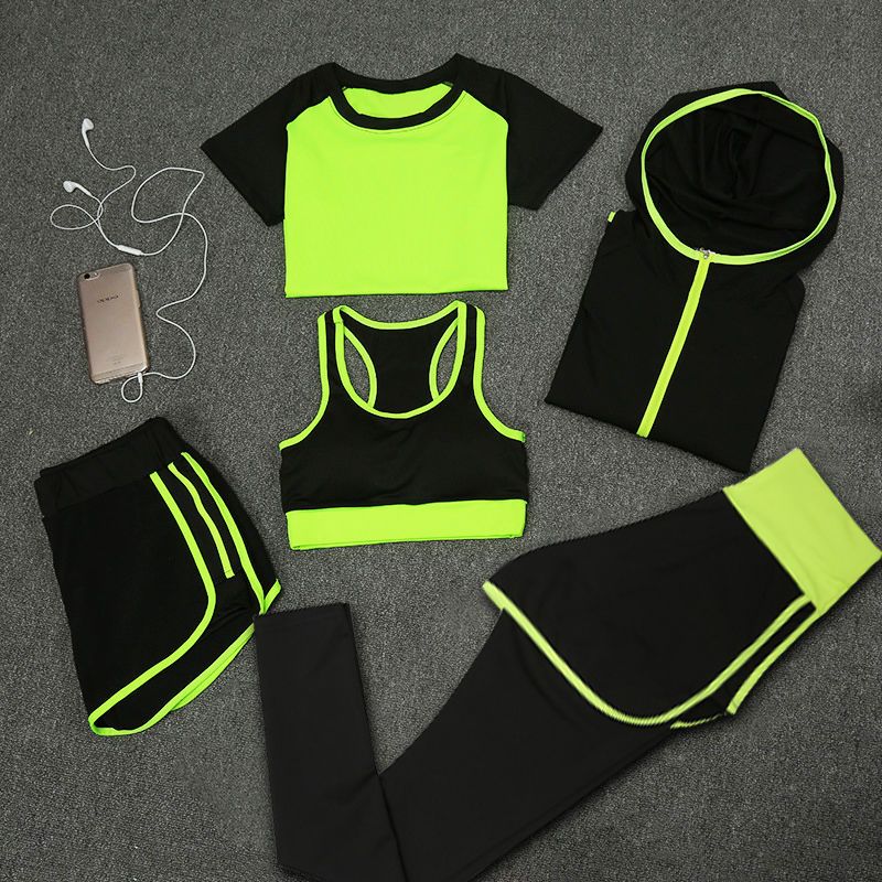瑜伽服套装女秋季速干显瘦运动套装运动衣女健身服晨跑套装五件套_534 S 瑜伽五件绿色