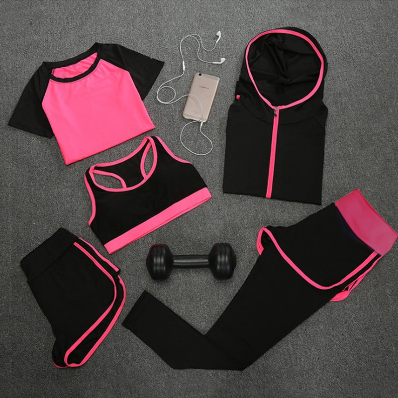 瑜伽服套装女秋季速干显瘦运动套装运动衣女健身服晨跑套装五件套_534 L 瑜伽五件枚红