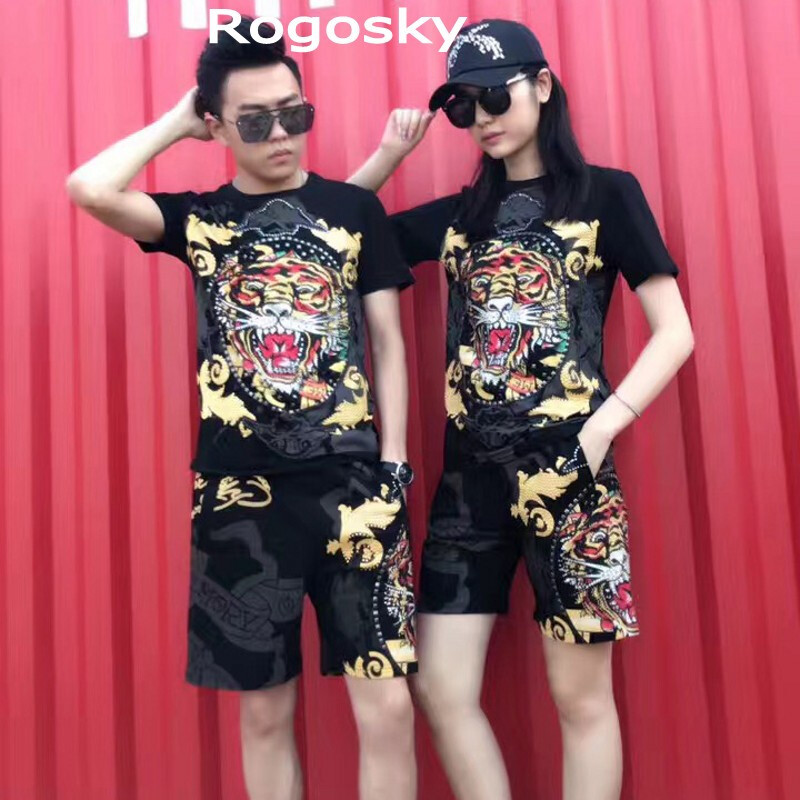 Rogosky港系潮牌2018年夏季烫钻柳丁老虎头印花套装短袖T恤休闲短裤情侣装时尚潮流两 3XL（170-190斤） 默认颜色