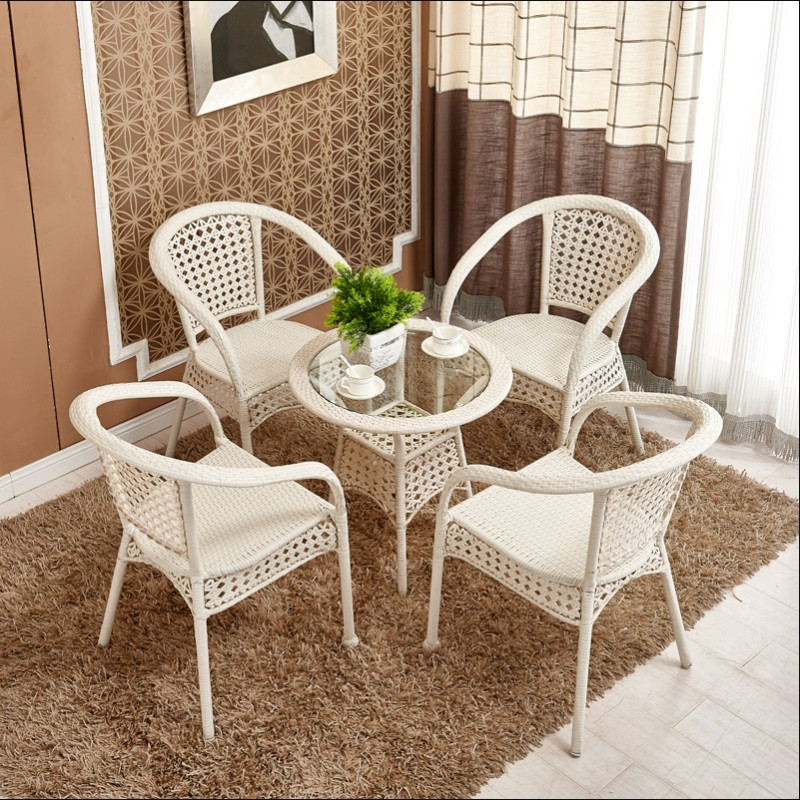 【京好】 藤椅子茶几三件套五件套组合 高档办公阳台休闲户外家具E79 白色1桌4椅