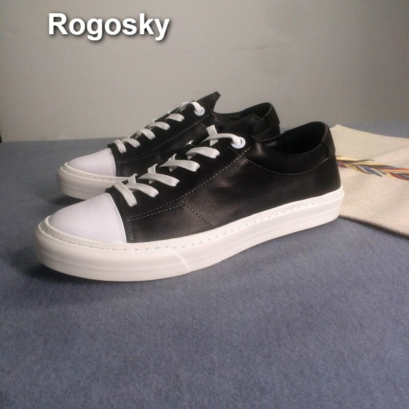 Rogosky香港潮牌2018夏季新款欧洲站软皮男鞋黑白拼色真皮板鞋男系带休闲鞋男士英伦小 黑色 41标准皮鞋码