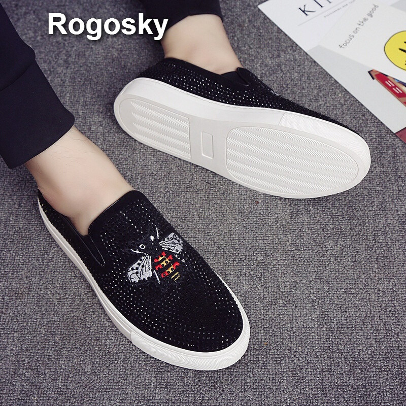 Rogosky香港潮牌2018春夏季新款韩版水钻蜜蜂男士一脚蹬乐福鞋潮流时尚板鞋套脚百搭休 默认颜色 40